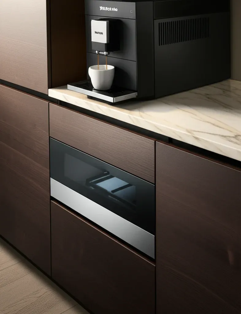 A dark walnut cabinet run under a marble worktop, with a built-in coffee machine above and a glass-fronted undercounter drawer below