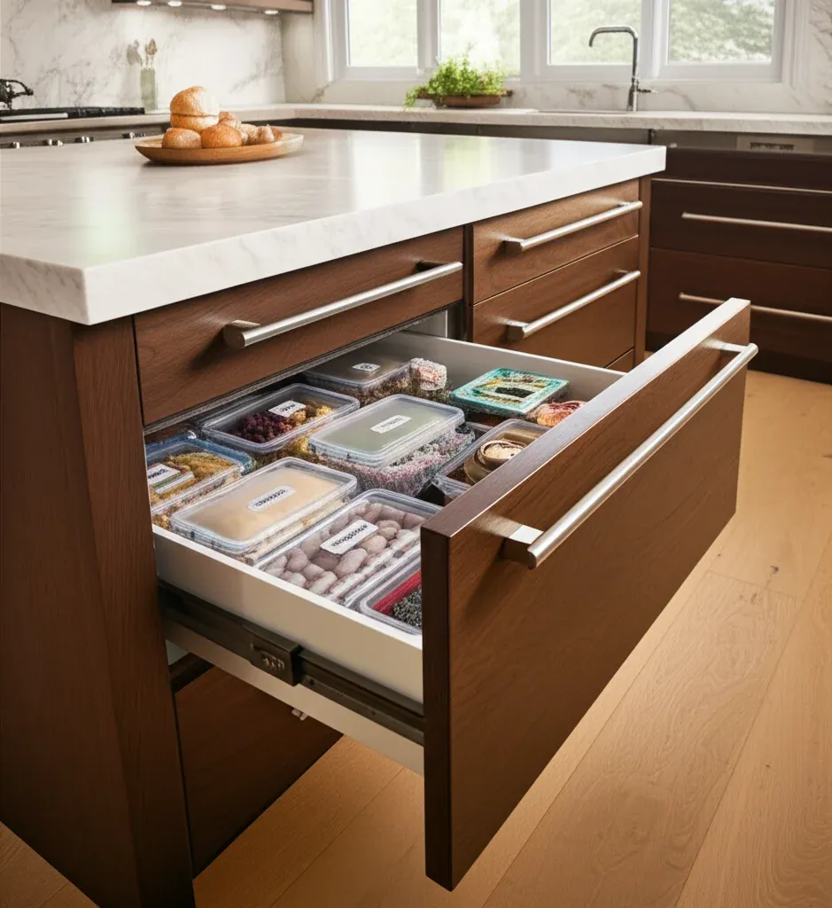 A refrigerated drawer pulled fully out of a cabinet run, stacked with lidded food containers