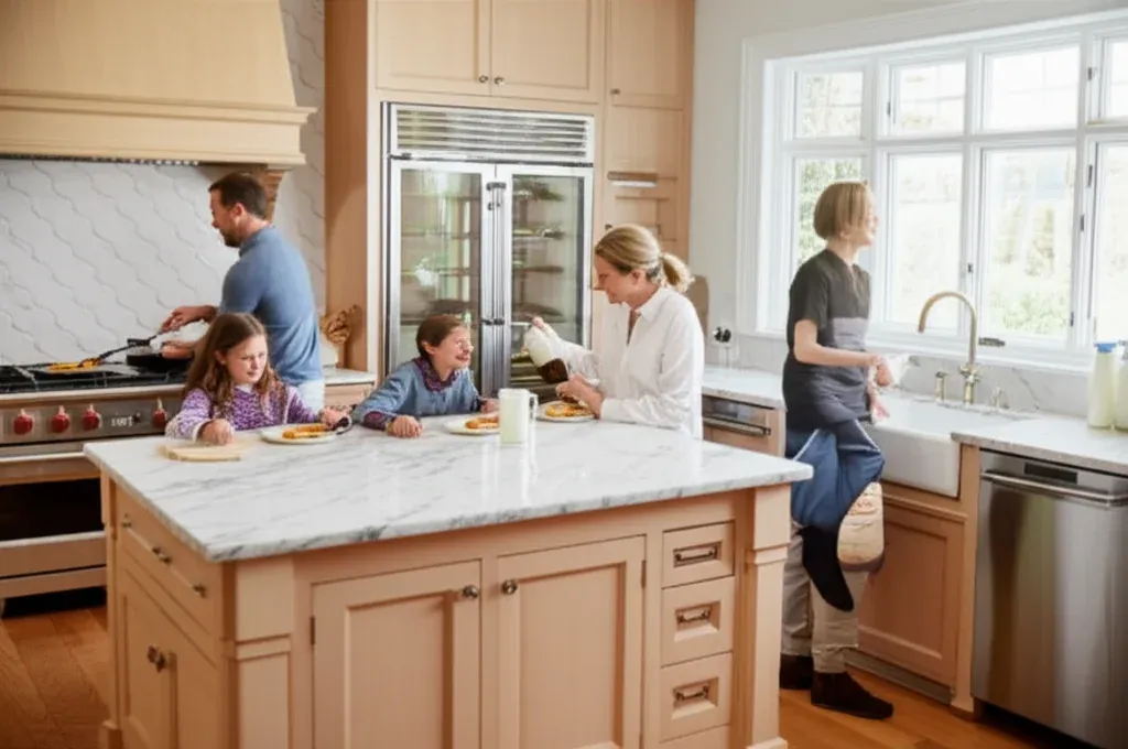 A bright kitchen with people around a marble island and a tall glass-door refrigerator built into the cabinetry behind them
